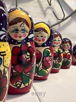 Vtg Russian Traditional Matryoshka Hand Painted Nesting Doll 10 Pce 10 Tall