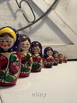 Vtg Russian Traditional Matryoshka Hand Painted Nesting Doll 10 Pce 10 Tall