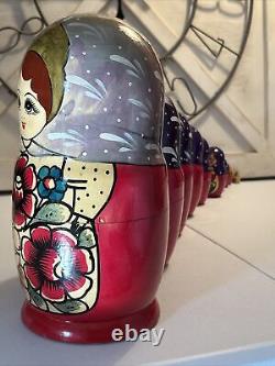 Vtg Russian Traditional Matryoshka Hand Painted Nesting Doll 10 Pce 10 Tall