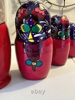 Vtg Russian Traditional Matryoshka Hand Painted Nesting Doll 10 Pce 10 Tall