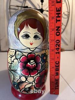 Vtg Russian Traditional Matryoshka Hand Painted Nesting Doll 10 Pce 10 Tall