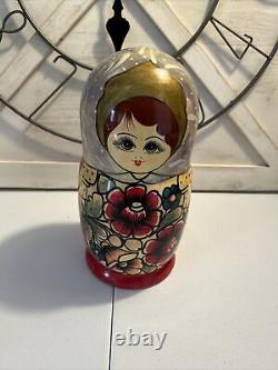 Vtg Russian Traditional Matryoshka Hand Painted Nesting Doll 10 Pce 10 Tall