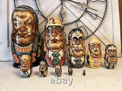 Vtg Unique 10.5 Tall Russian Soviet Leaders Nesting Dolls 10 Dolls