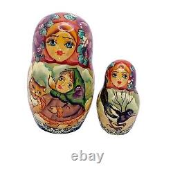 Winter Christmas Russian Nesting Dolls Hand Painted Cat Dog Children Signed READ