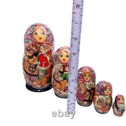 Winter Christmas Russian Nesting Dolls Hand Painted Cat Dog Children Signed READ