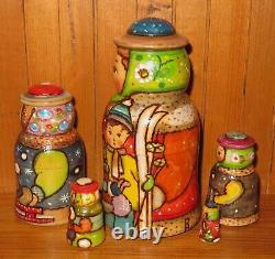 Winter Matryoshka & Children Christmas Nesting dolls 5 HAND PAINTED RYABOVA ART