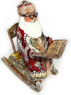 Wooden Hand Carved Painted Russian Santa Claus Sitting on a Rocking Chair WOW