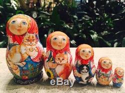 Young girl&kittens-Russian nesting doll, UNIQUE-ONE of a KIND! Signed E. V. Snelkova